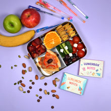 Load image into Gallery viewer, Boys and girls lunchbox notes in box from above next to childrens lunchbox