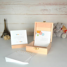 Load image into Gallery viewer, Gender neutral quote card box open, with the cards on display toy Eiffel tower , ceramic cat and stuffed toy