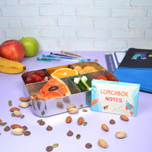 Load image into Gallery viewer, Boys lunchbox notes box out on display in front of childrens lunchbox full of food