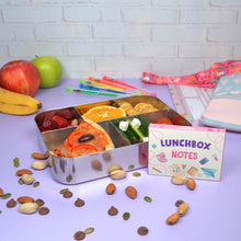 Load image into Gallery viewer, Girls lunchbox notes box out on display in front of childrens lunchbox full of food