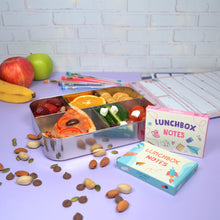 Load image into Gallery viewer, girls and boys lunchbox notes box out on display in front of childrens lunchbox full of food