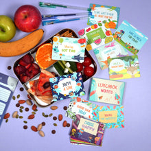 Load image into Gallery viewer, Lunchbox notes for boys out on display with a lunchbox full of food