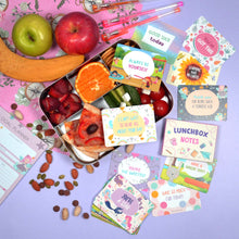 Load image into Gallery viewer, Lunchbox notes for girls out on display with a lunchbox full of food