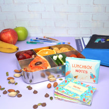 Load image into Gallery viewer, Boys lunchbox notes out on display in front of childrens lunchbox full of food
