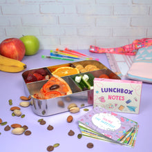 Load image into Gallery viewer, Girls lunchbox notes box out on display with cards in front of childrens lunchbox full of food