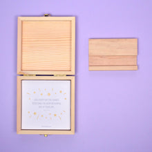 Load image into Gallery viewer,  Boys under 8 quote card box open with cards showing and stand outside