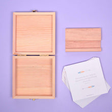 Load image into Gallery viewer, Boys teenagers and tweens quote card box open, all cards and timber stand on display.