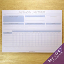 Load image into Gallery viewer, Blue habit tracker on display with buy 2 get 3 offer