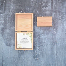 Load image into Gallery viewer, Quote card box open with cards and stand on display