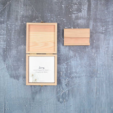 Load image into Gallery viewer, Timber display box open with cards inside and timber stand on display