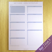 Load image into Gallery viewer, Pink weekly action plan on display with buy 2 get 3 offer