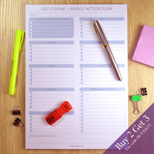 Load image into Gallery viewer, Blue weekly action plan on display with buy 2 get 3 offer