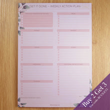 Load image into Gallery viewer, Pink weekly action plan on display with buy 2 get 3 offer