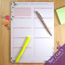 Load image into Gallery viewer, Pink weekly action plan on display with buy 2 get 3 offer