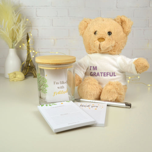 Kids gratitude jar and grateful teddy on display